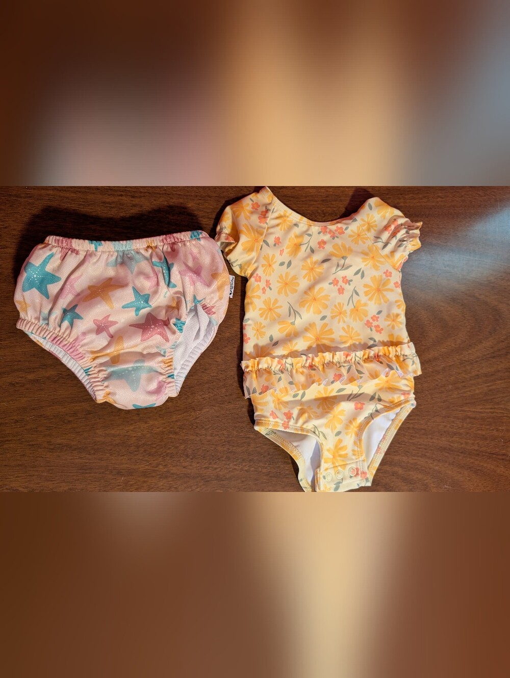 Girls' Yellow Floral Ruffle Swimsuit with Pink Star Swim Diaper